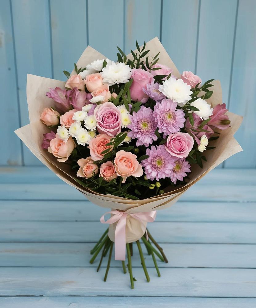 Букет цветов из: Хризантемы, Розы и Альстромерии в Краснозоринском