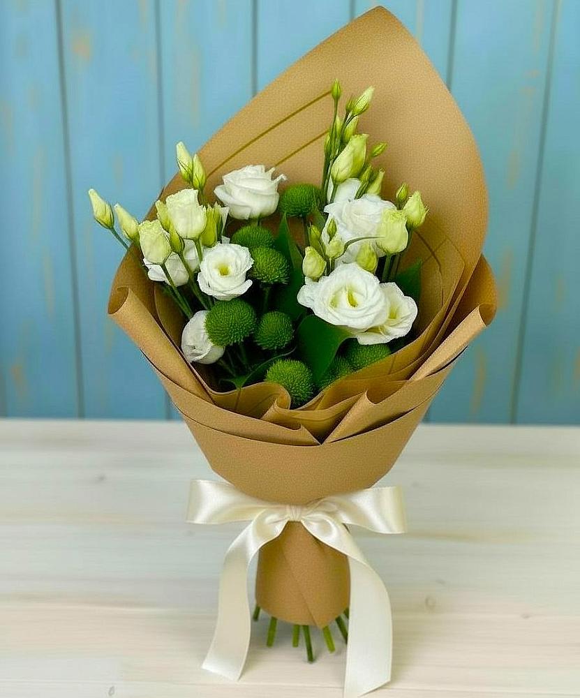 Букет цветов из: Хризантемы и Лизиантусы в Краснозоринском