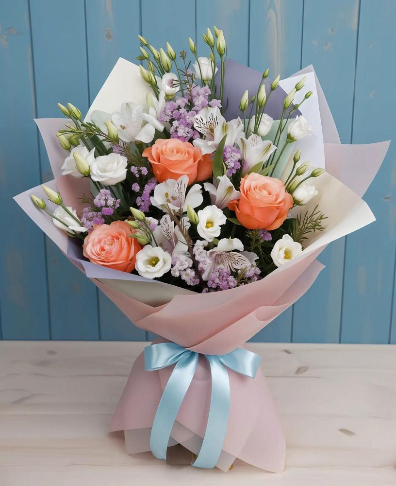 Букет цветов из: Лизиантусы, Розы, Альстромерии и Гипсофила в Краснозоринском