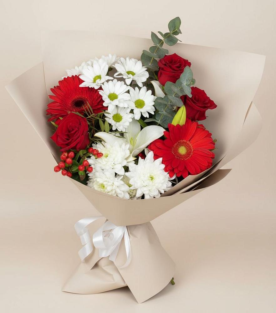 Букет цветов из: Розы, Хризантемы, Герберы и Лилии в Краснозоринском