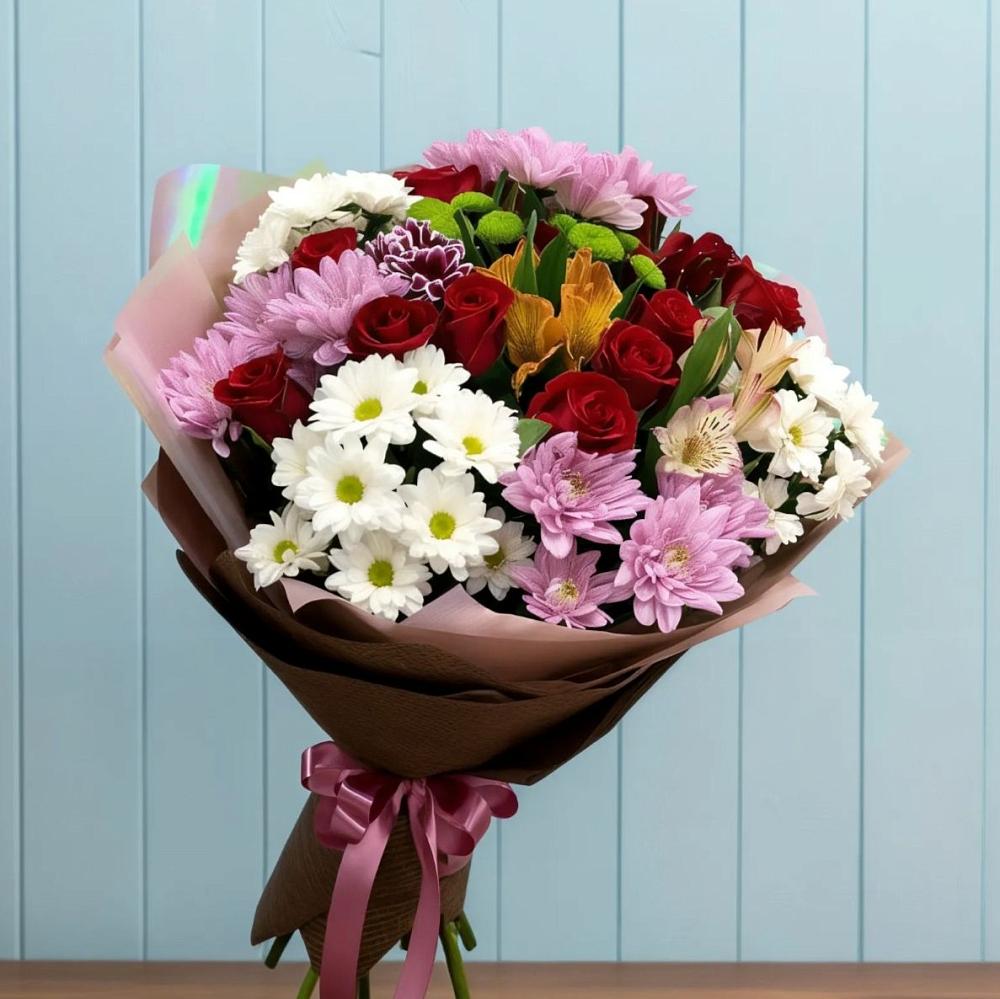 Букет цветов из: Розы, Хризантемы и Альстромерии в Краснозоринском