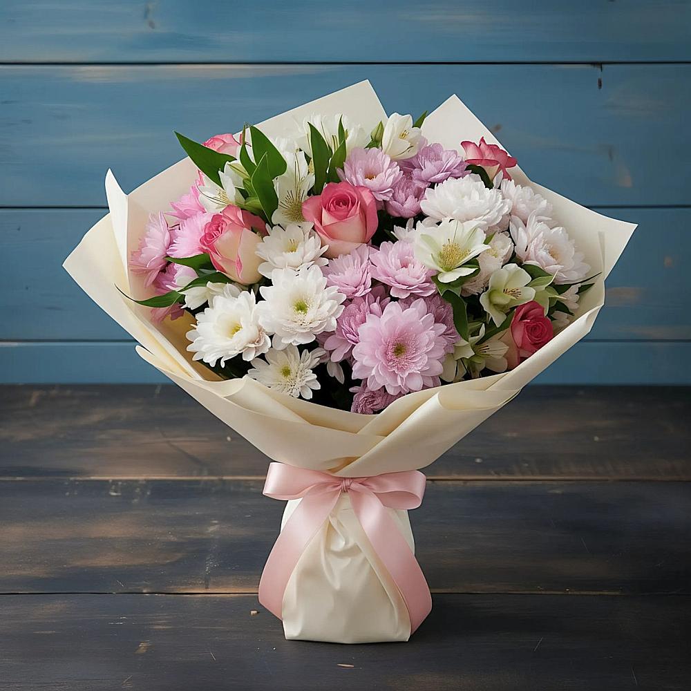 Букет цветов из: Хризантемы, Альстромерии и Розы в Краснозоринском